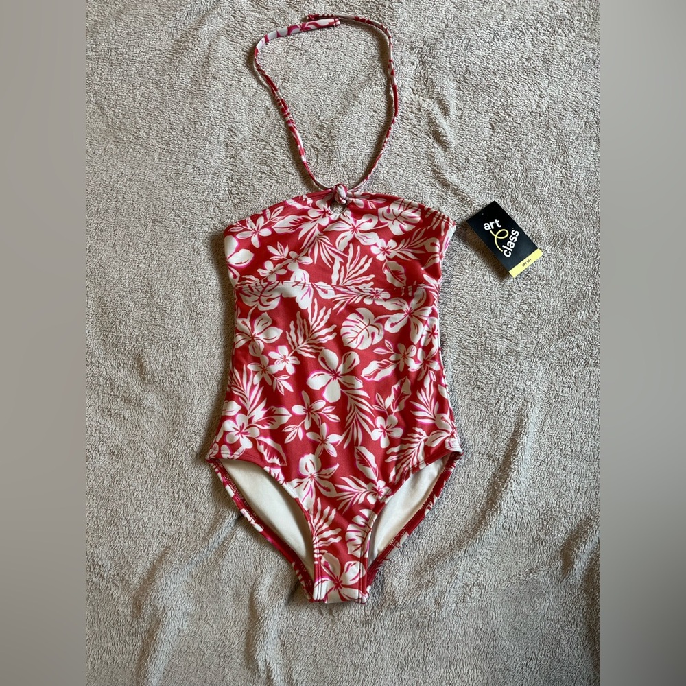 Art Class Girl’s Pink Floral One-Piece Swimsuit Medium (8) NWT Halter Tropical